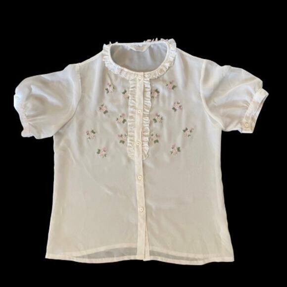 Vintage White Ruffled Embroidered Pink & Green Flowers Sheer Button Down (S) - Picture 1 of 10